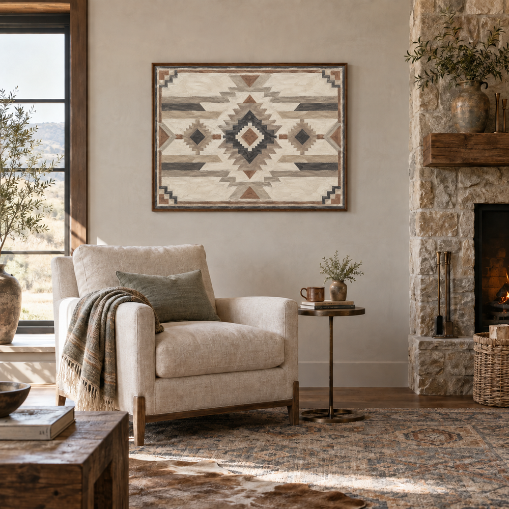 Neutral Modern Southwestern Pattern oil painting displayed in a lodge reading room