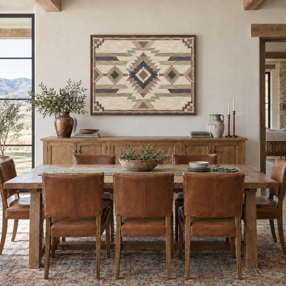 Neutral Modern Southwestern Pattern oil painting displayed in a Western dining room