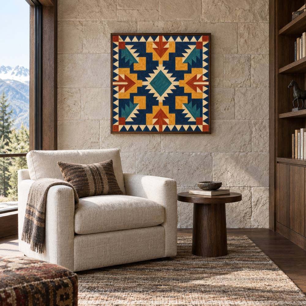 Bold Southwest Blocks oil painting displayed in a reading room
