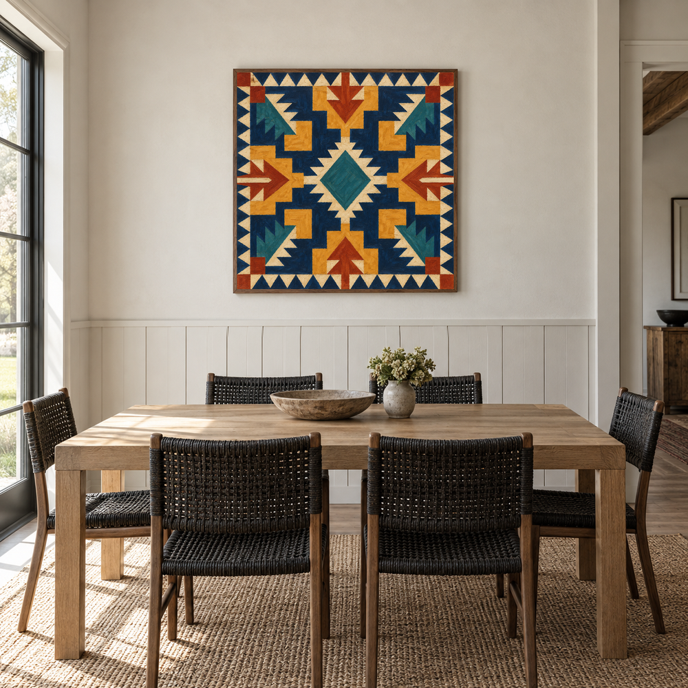 Bold Southwest Blocks oil painting displayed in a dining room