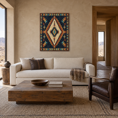 Dark Southwestern Pattern Statement Art oil painting displayed in a living room