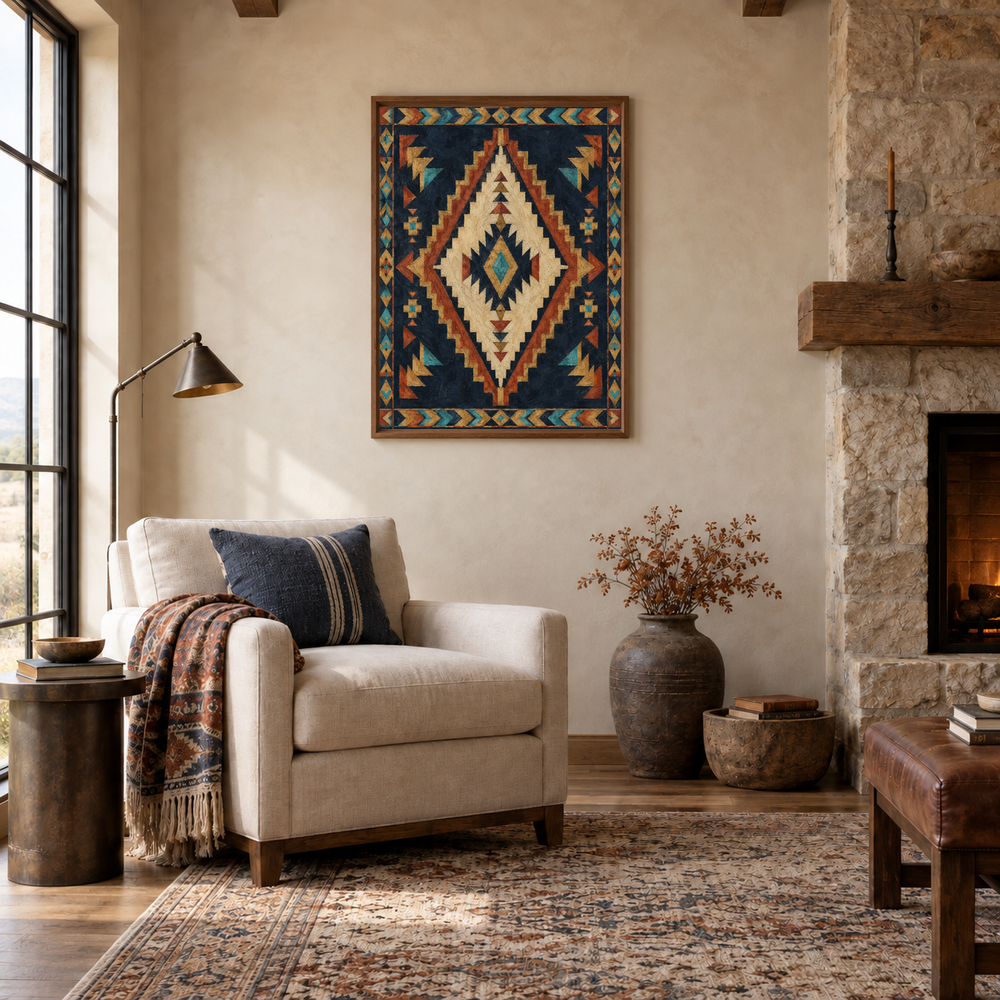 Dark Southwestern Pattern Statement Art oil painting displayed in a reading room