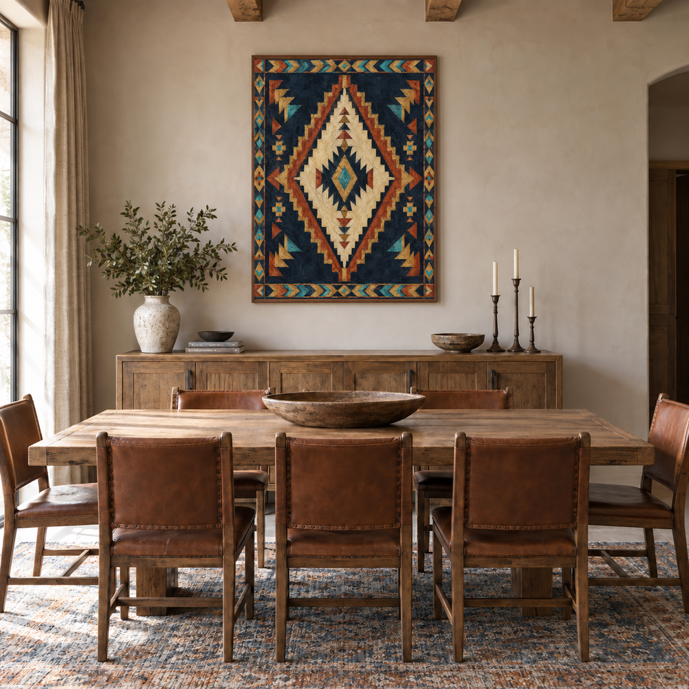 Dark Southwestern Pattern Statement Art oil painting displayed in a dining room