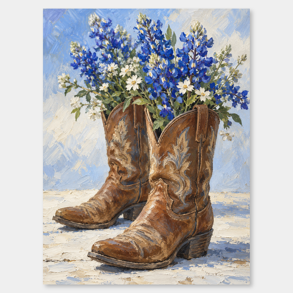 Bluebonnet Boots oil painting with two worn brown cowboy boots, cobalt flowers and a pale blue background