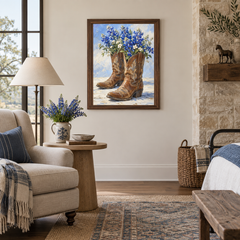 Bluebonnet Boots oil painting displayed in a living room reading nook