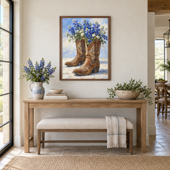Bluebonnet Boots oil painting displayed above an entryway bench
