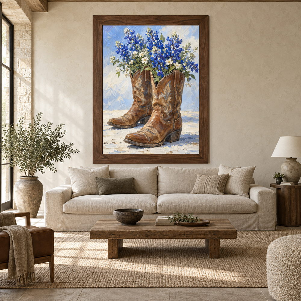 Bluebonnet Boots oil painting displayed above a living room sofa