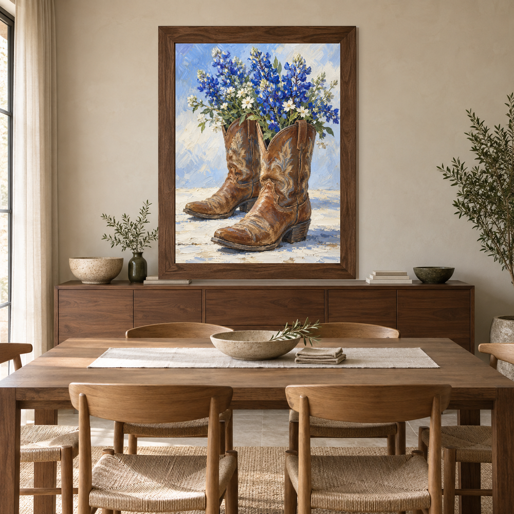 Bluebonnet Boots oil painting displayed above a dining room sideboard