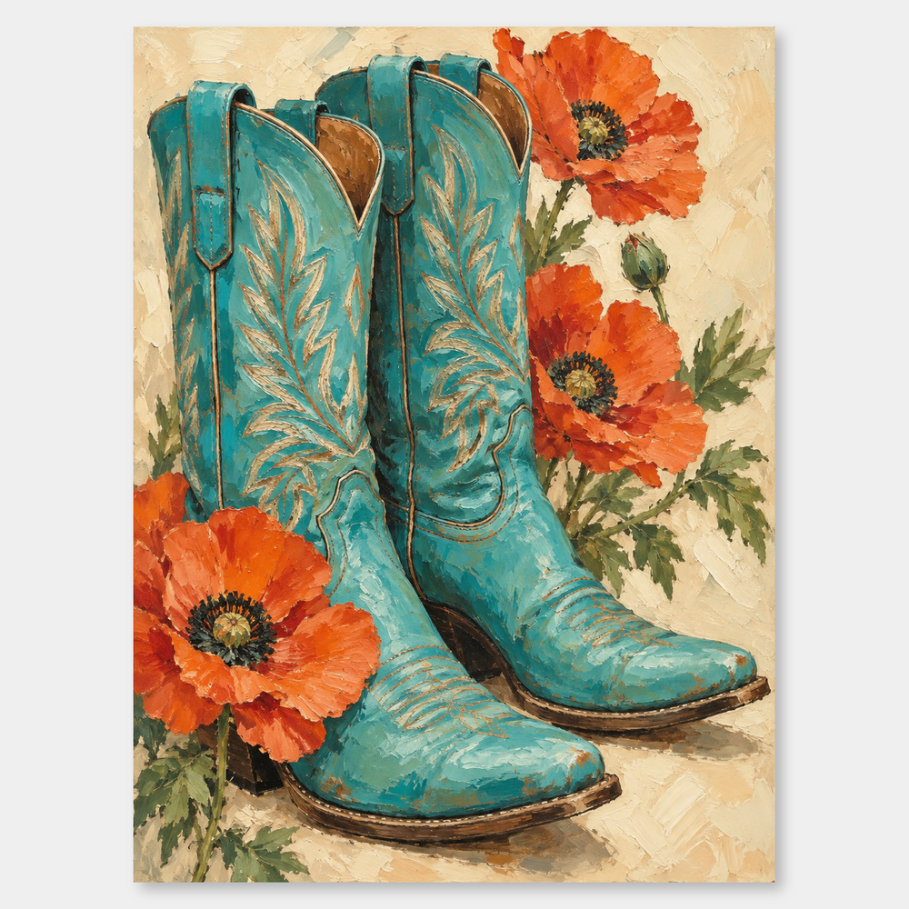 Turquoise cowboy boots and coral-orange poppies painted in oil on a warm cream background