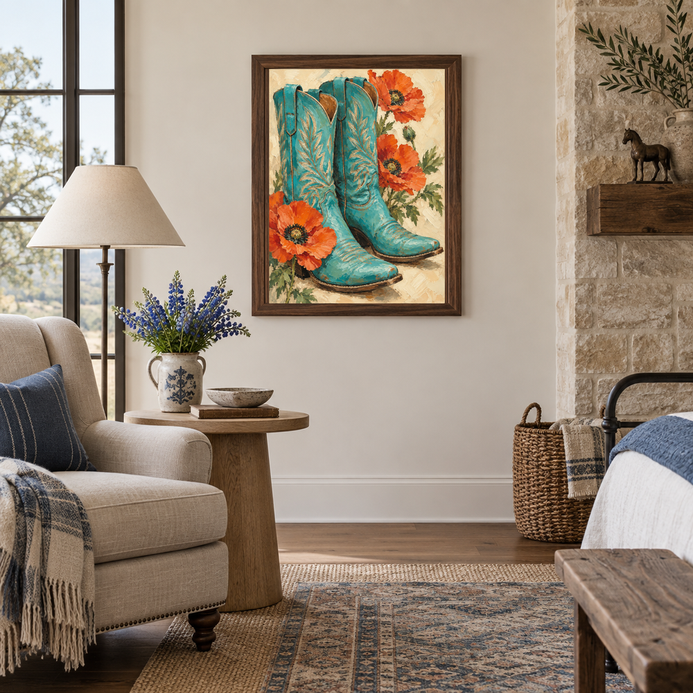 Turquoise Boots & Desert Poppies oil painting displayed in a living room reading nook