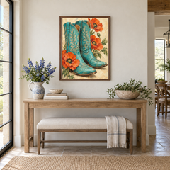 Turquoise Boots & Desert Poppies oil painting displayed above an entryway bench