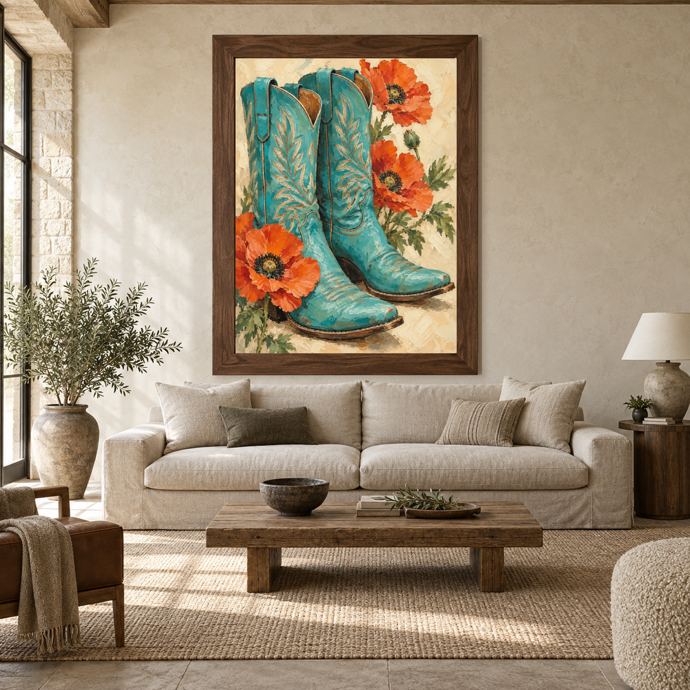 Turquoise Boots & Desert Poppies oil painting displayed above a living room sofa