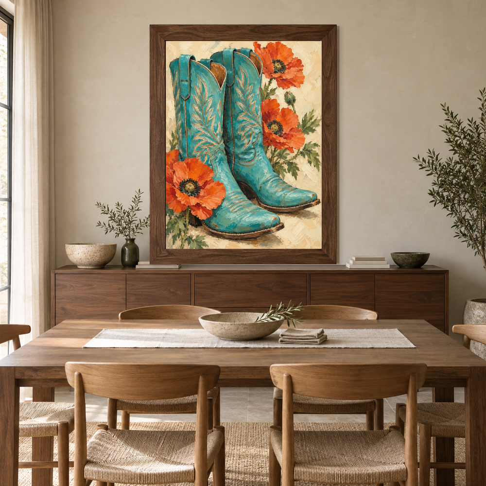 Turquoise Boots & Desert Poppies oil painting displayed above a dining room sideboard