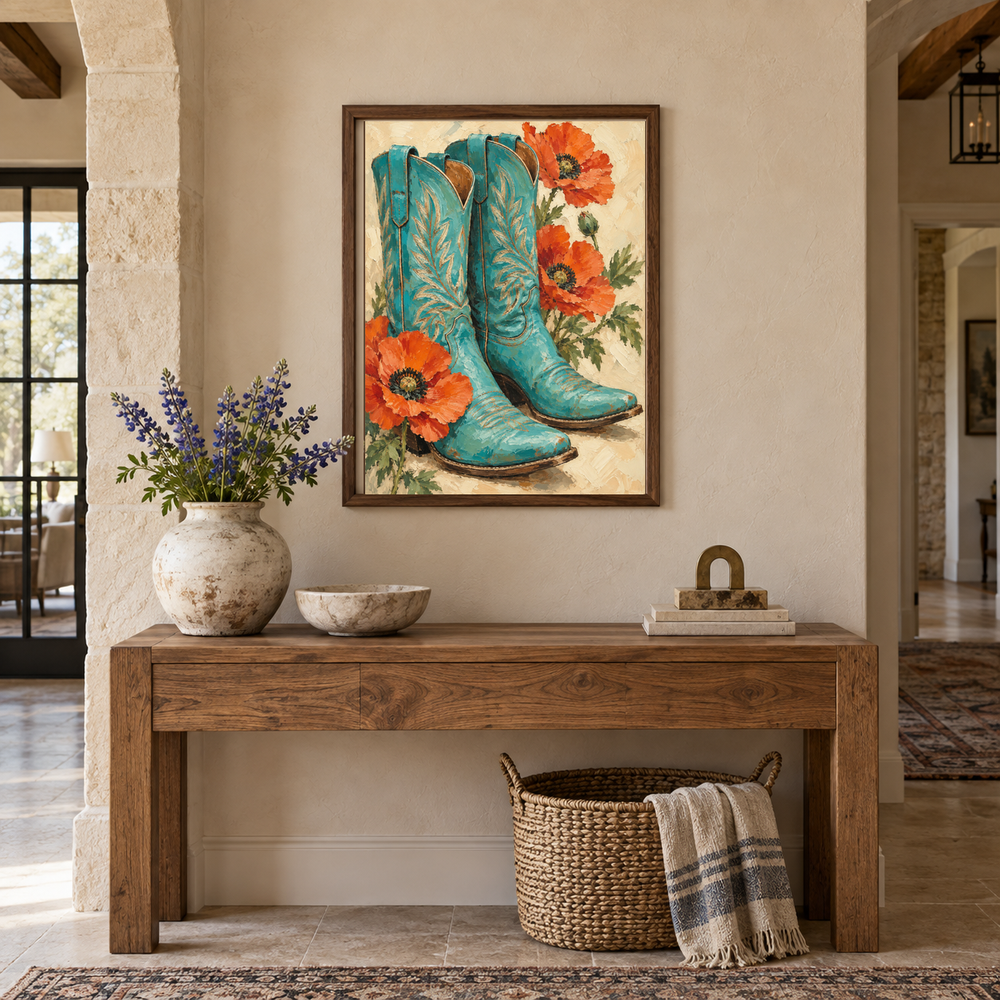 Turquoise Boots & Desert Poppies oil painting displayed above an entryway console