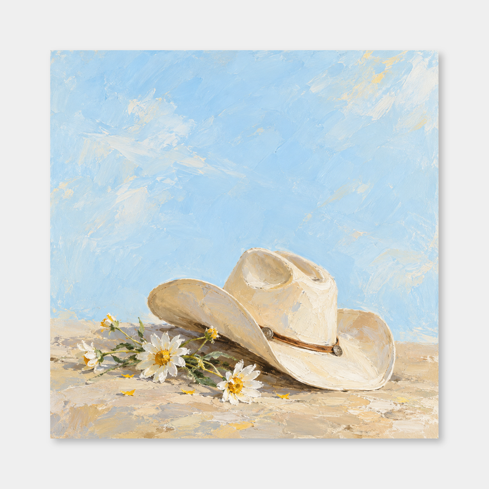 Ivory cowgirl hat beside white daisies with yellow centers against a spacious pale blue painted background