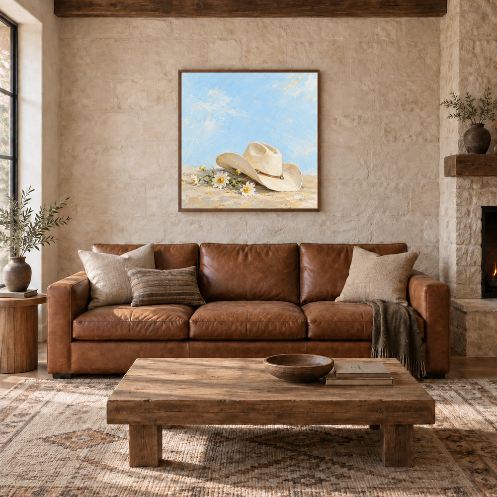 Cowgirl Hat & Wild Daisies oil painting displayed in a ranch living room