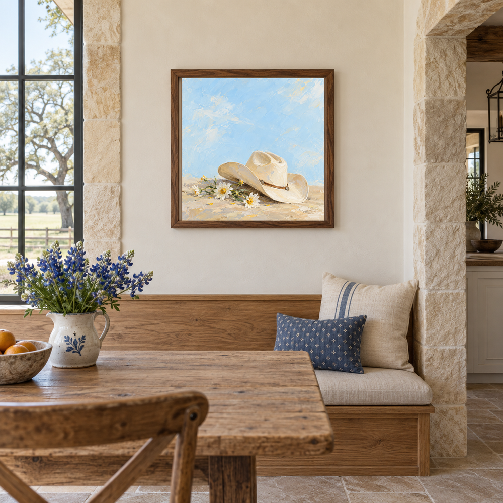 Cowgirl Hat & Wild Daisies oil painting displayed in a breakfast nook