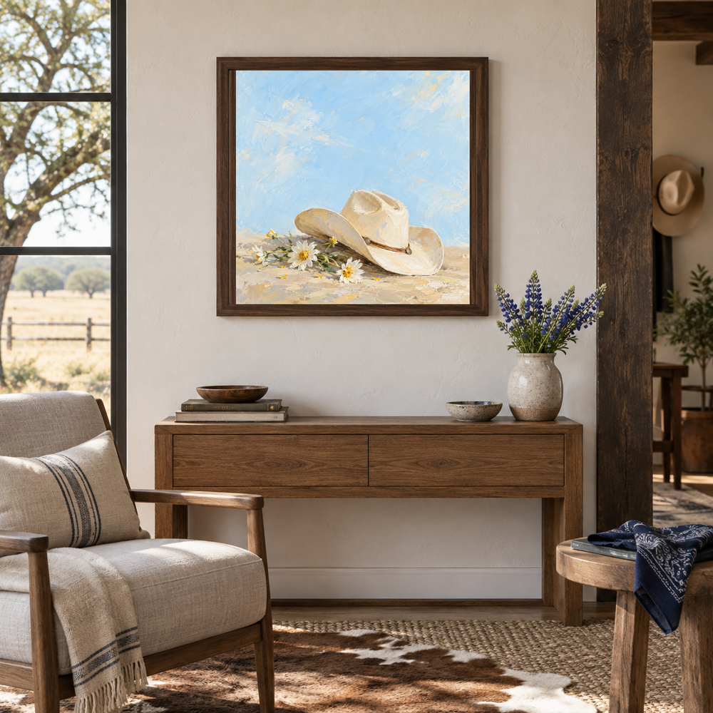 Cowgirl Hat & Wild Daisies oil painting displayed above a living room console