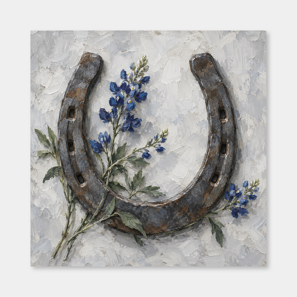 Old iron horseshoe with blue wildflower stems in a square oil still life on cool gray-white