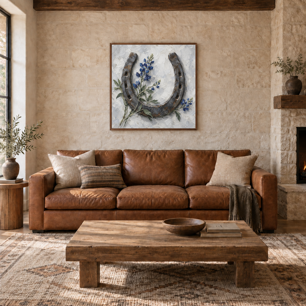 Horseshoe & Blue Wildflowers oil painting displayed in a ranch living room
