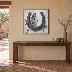 Horseshoe & Blue Wildflowers oil painting displayed above an entryway console