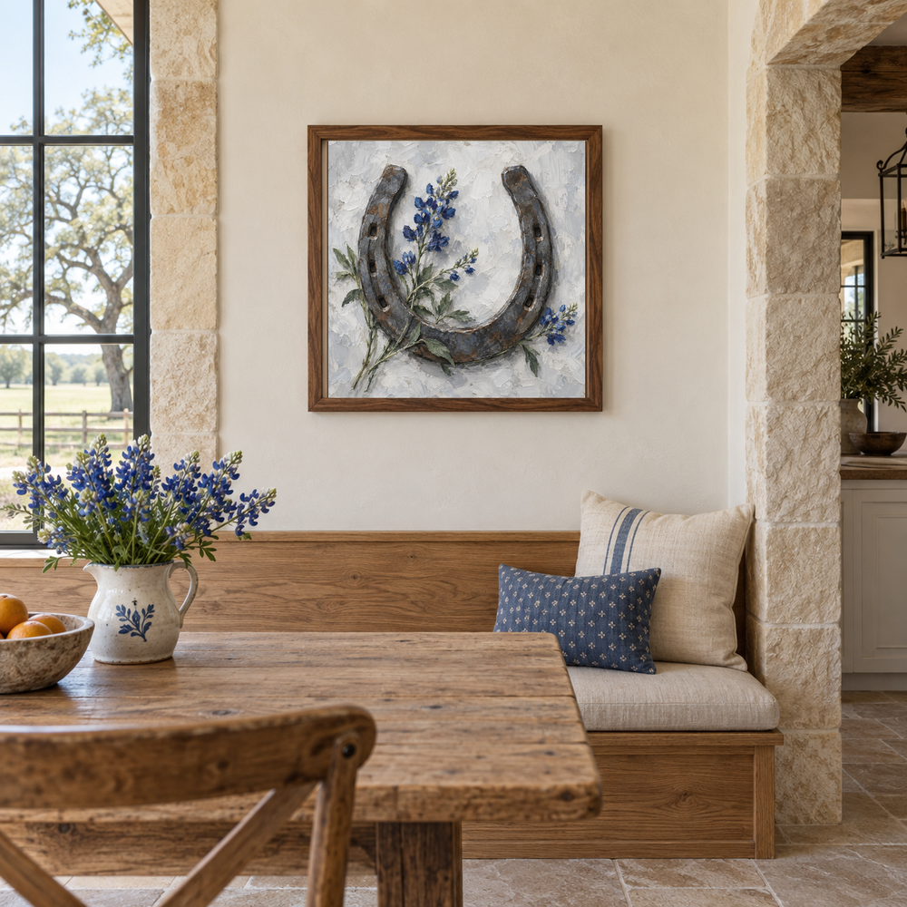 Horseshoe & Blue Wildflowers oil painting displayed in a breakfast nook