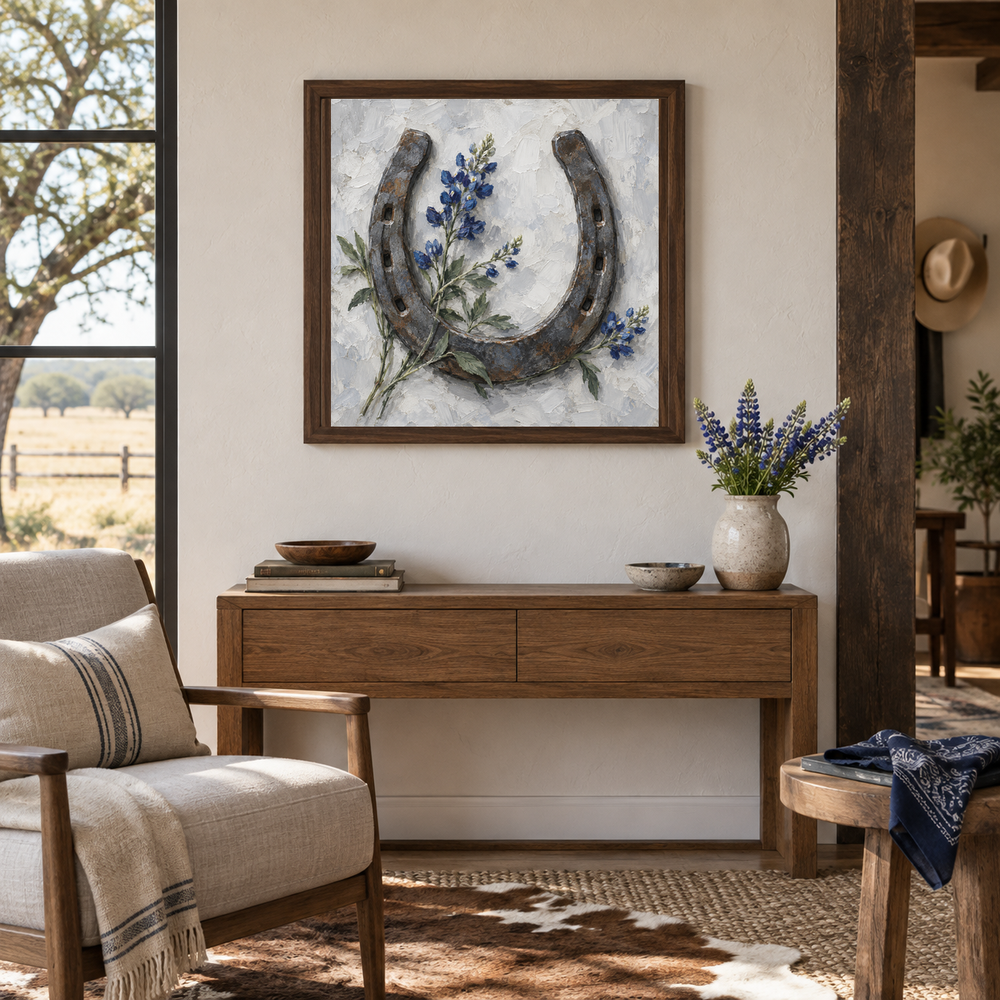 Horseshoe & Blue Wildflowers oil painting displayed above a living room console