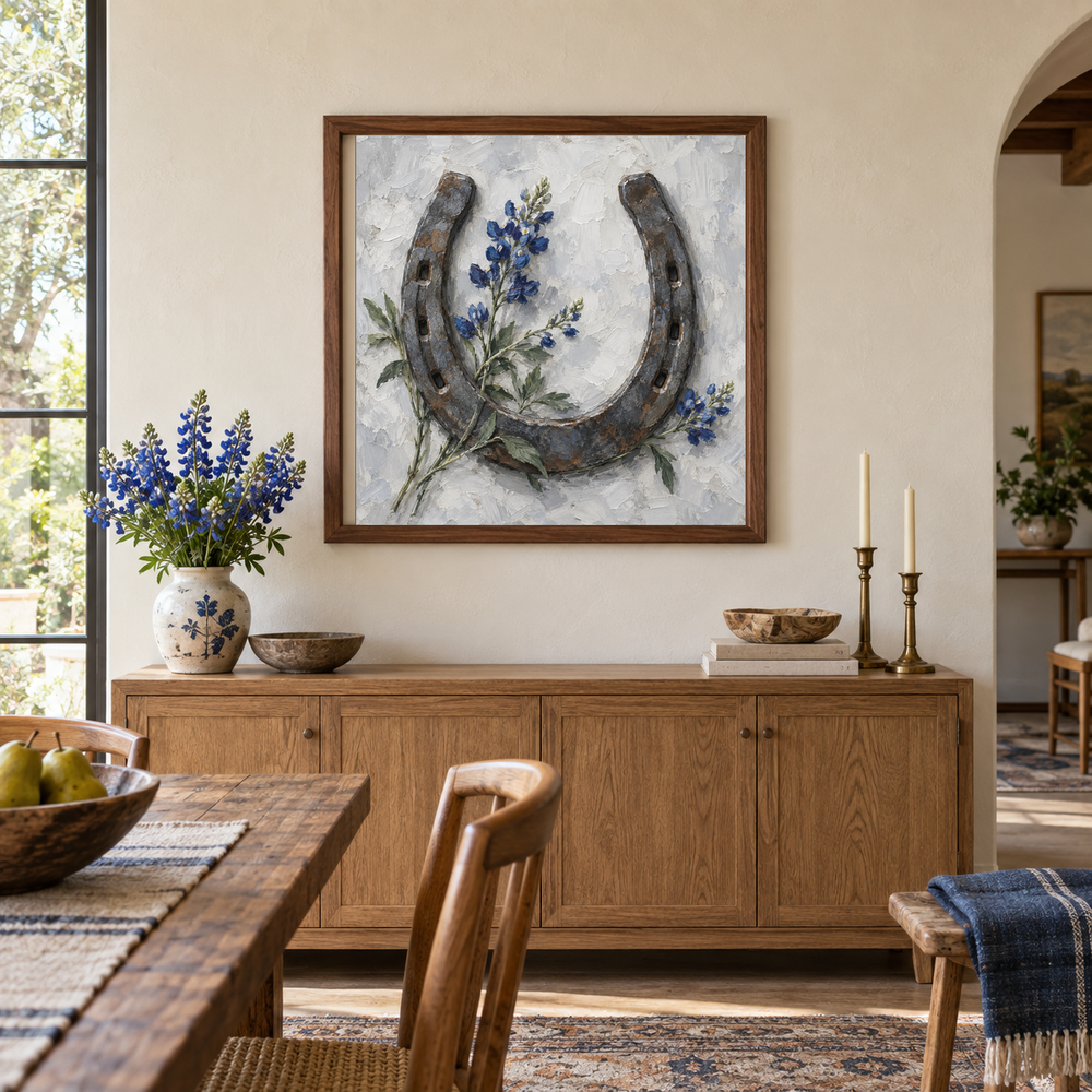 Horseshoe & Blue Wildflowers oil painting displayed above a dining room sideboard
