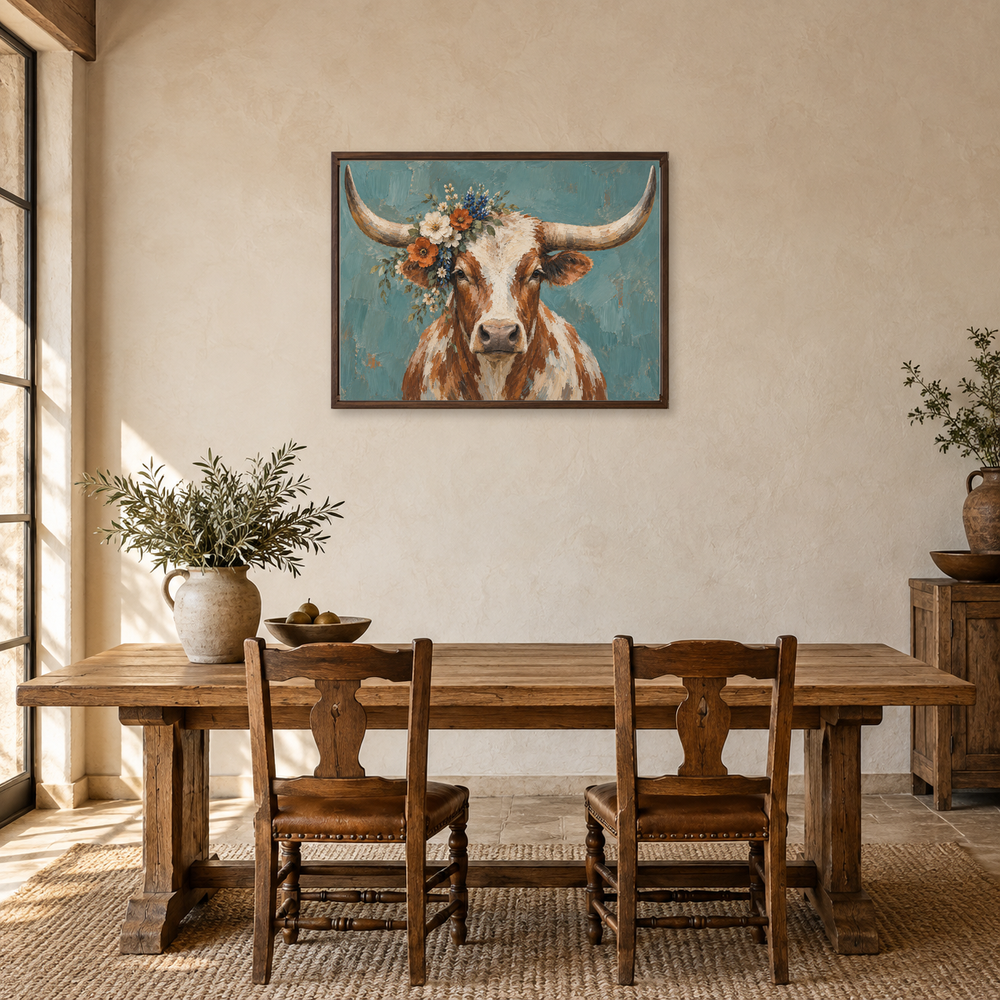 Longhorn With Wildflower Crown oil painting displayed in a farmhouse dining room
