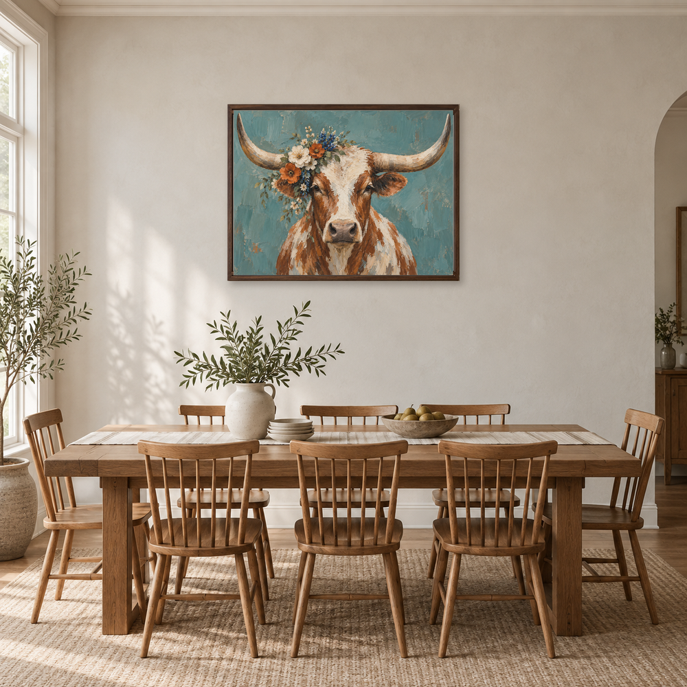Longhorn With Wildflower Crown oil painting displayed in a bright dining room