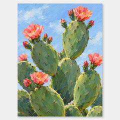 Green prickly pear cactus pads with pink and coral flowers beneath a pale blue sky, painted in oil