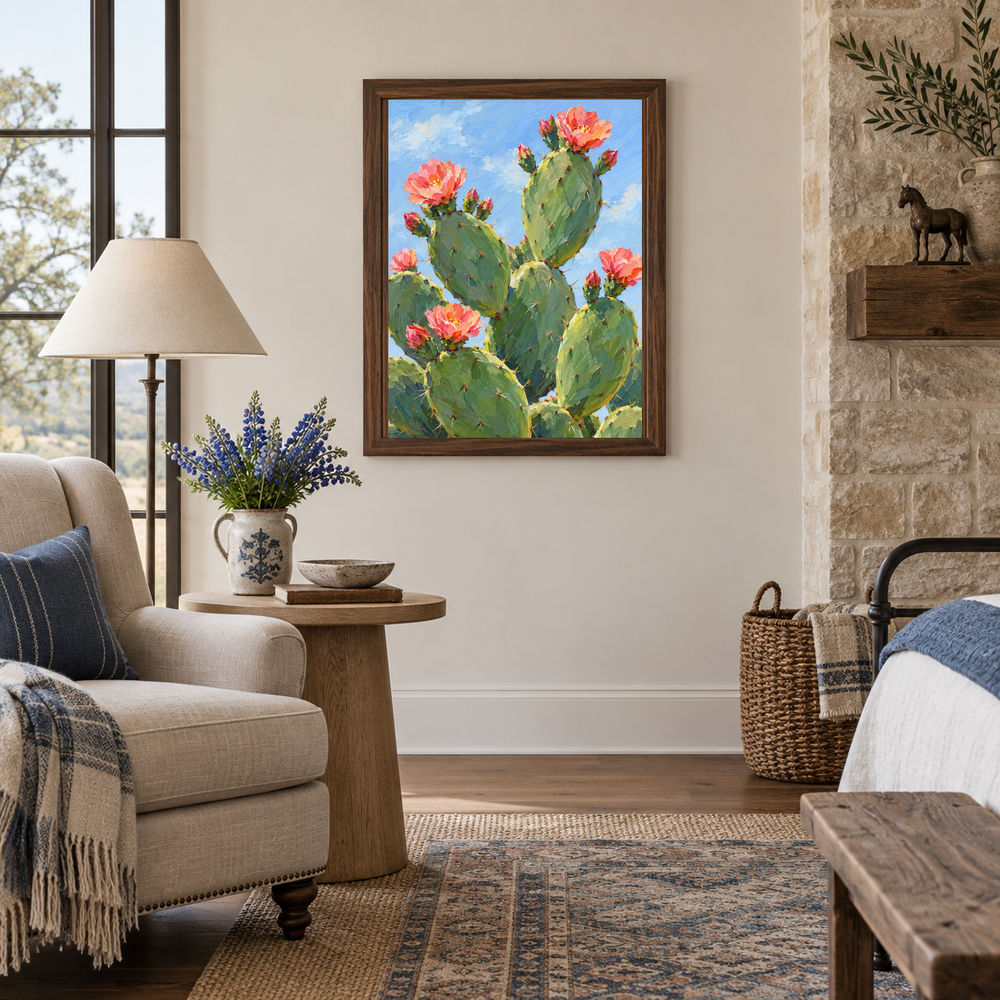 Blooming Prickly Pear oil painting displayed in a living room reading nook