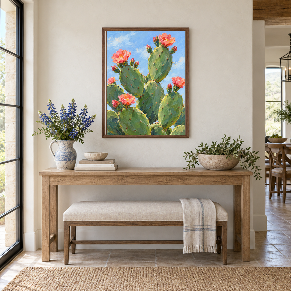 Blooming Prickly Pear oil painting displayed above an entryway bench