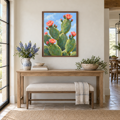 Blooming Prickly Pear oil painting displayed above an entryway bench