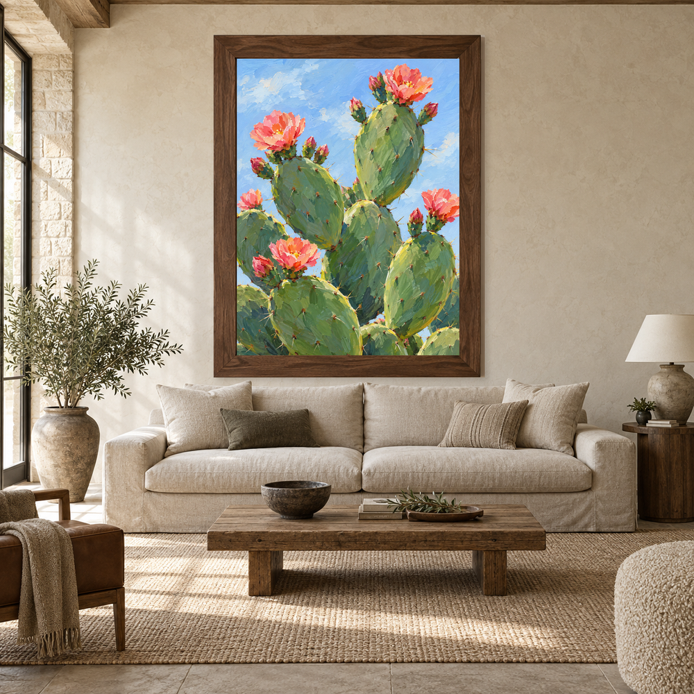 Blooming Prickly Pear oil painting displayed above a living room sofa