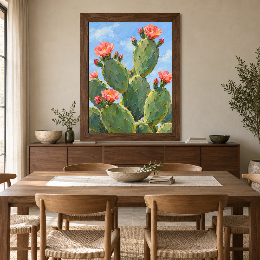 Blooming Prickly Pear oil painting displayed above a dining room sideboard