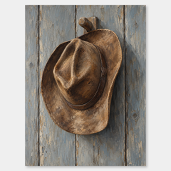 Weathered tobacco brown cowboy hat hanging from a wooden peg on a pale gray-blue plank wall