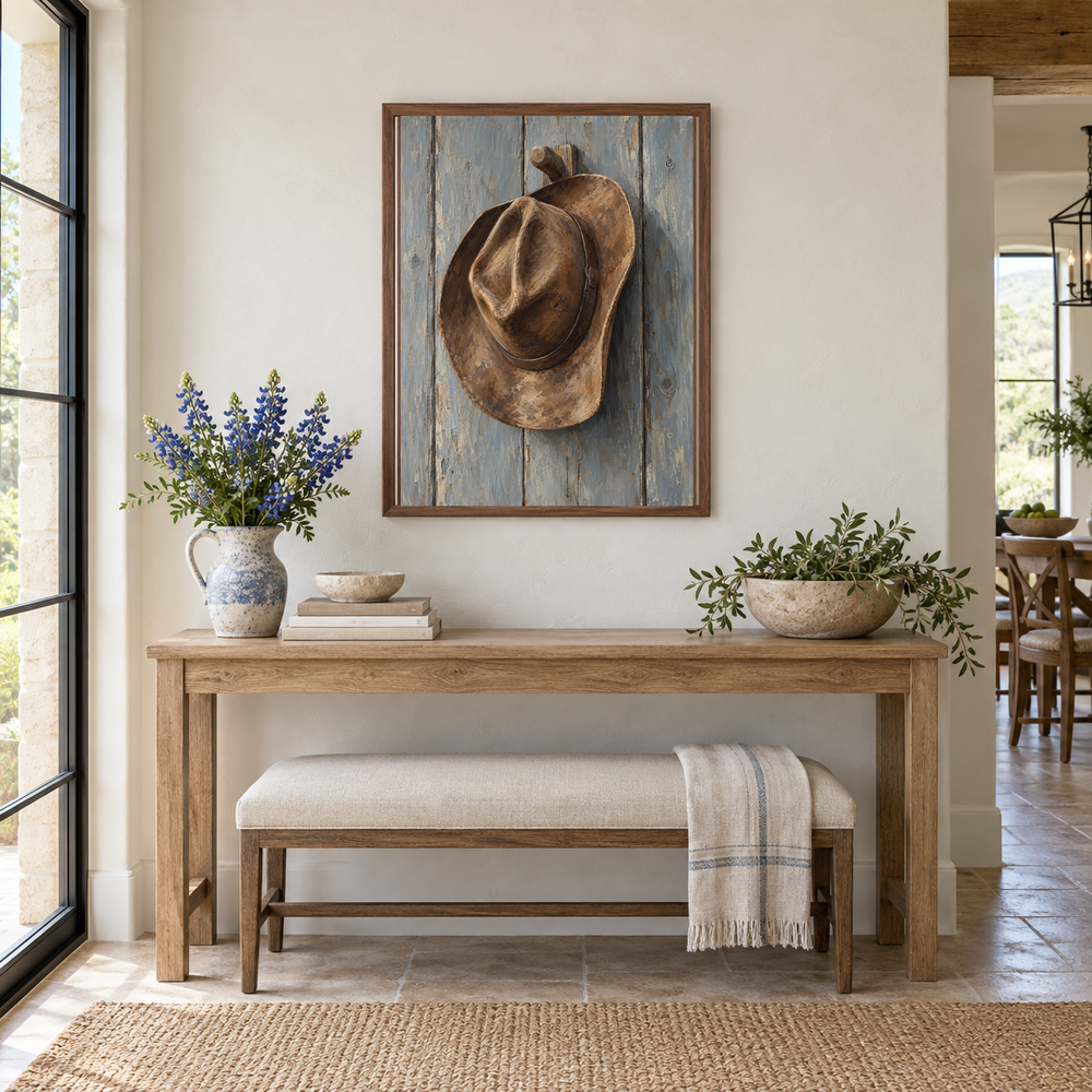 Western Hat on Wooden Peg oil painting displayed above an entryway bench