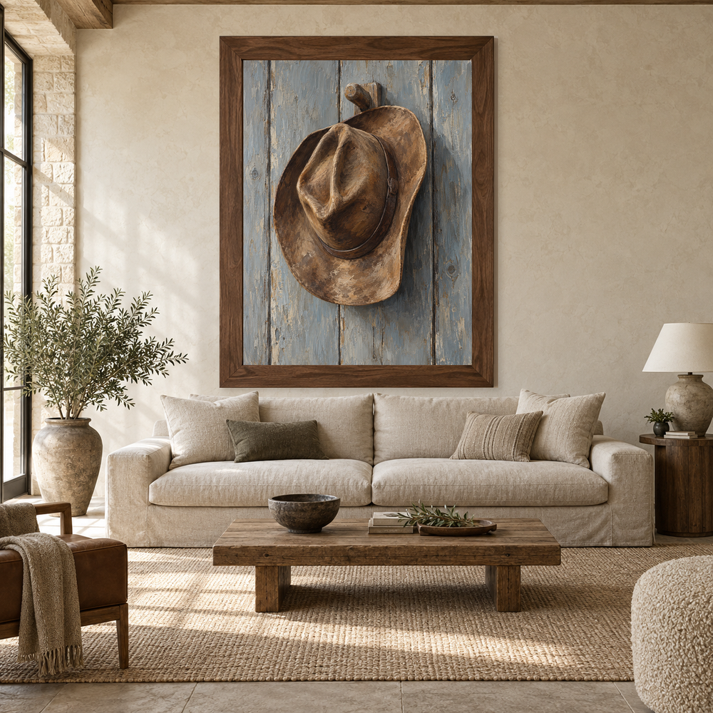 Western Hat on Wooden Peg oil painting displayed above a living room sofa