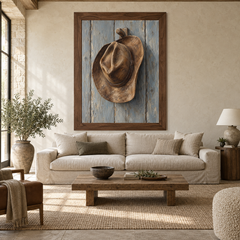 Western Hat on Wooden Peg oil painting displayed above a living room sofa