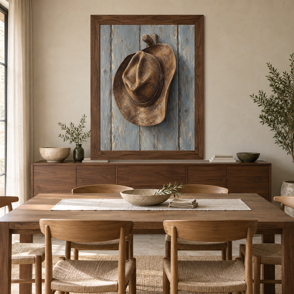 Western Hat on Wooden Peg oil painting displayed above a dining room sideboard