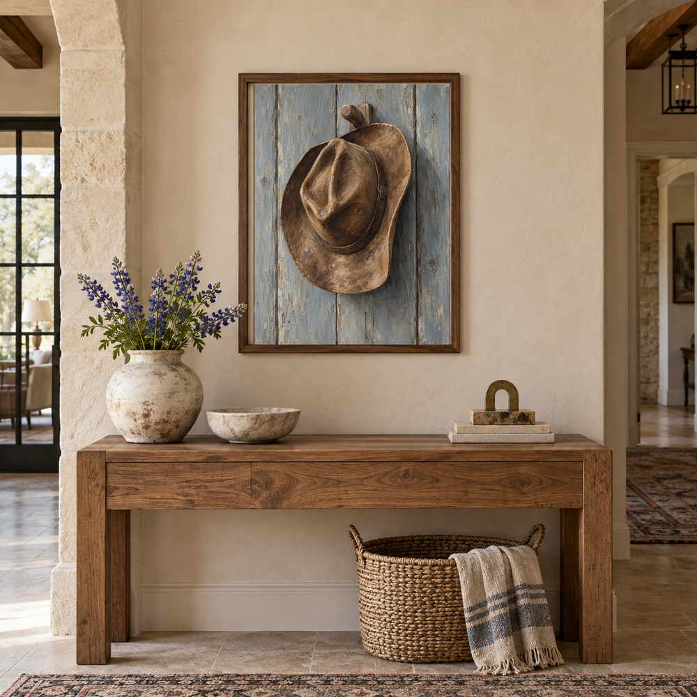 Western Hat on Wooden Peg oil painting displayed above an entryway console