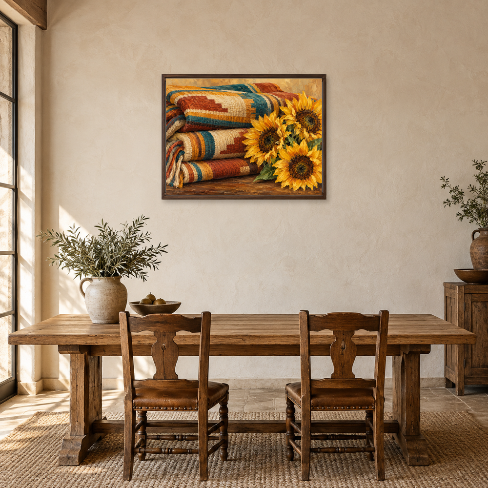 Saddle Blanket & Sunflowers oil painting displayed in a farmhouse dining room
