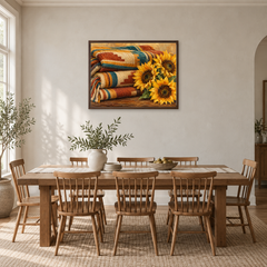 Saddle Blanket & Sunflowers oil painting displayed in a bright dining room