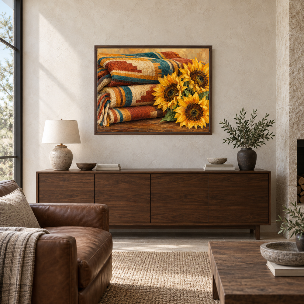 Saddle Blanket & Sunflowers oil painting displayed above a living room sofa