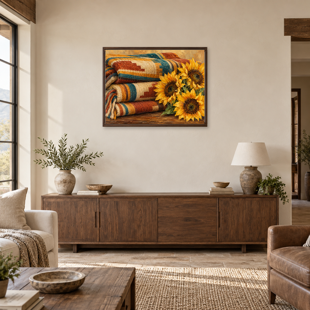Saddle Blanket & Sunflowers oil painting displayed above a living room sideboard