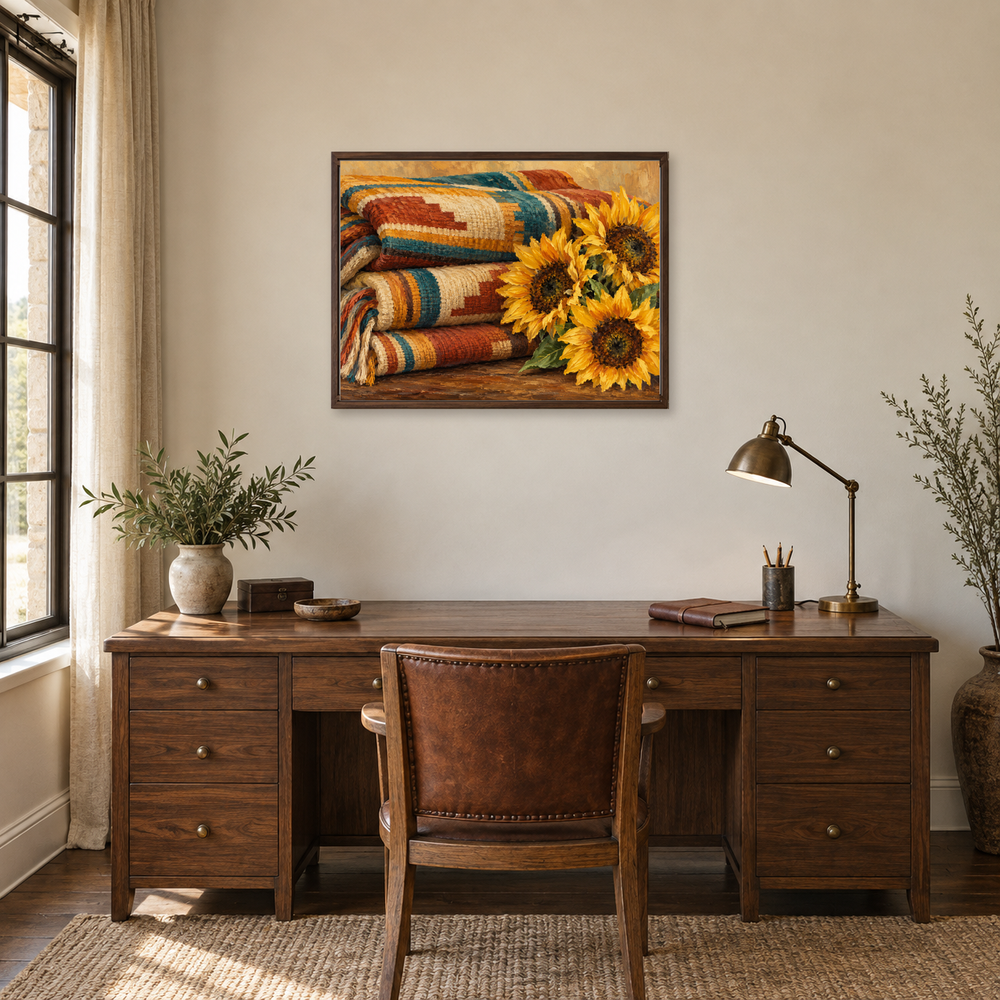Saddle Blanket & Sunflowers oil painting displayed in a home office