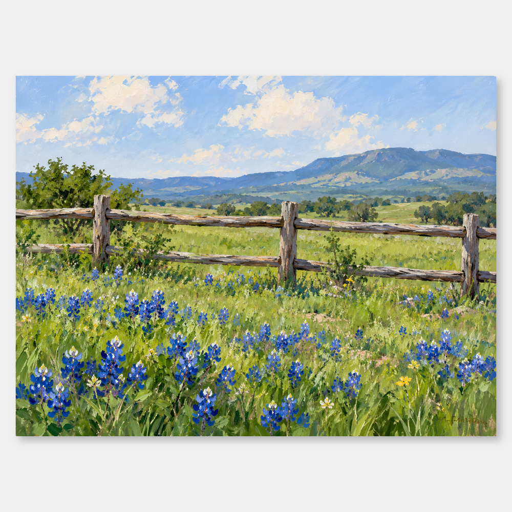Blue wildflowers in bright green grass before a wooden ranch fence, distant hills and a clear pale sky