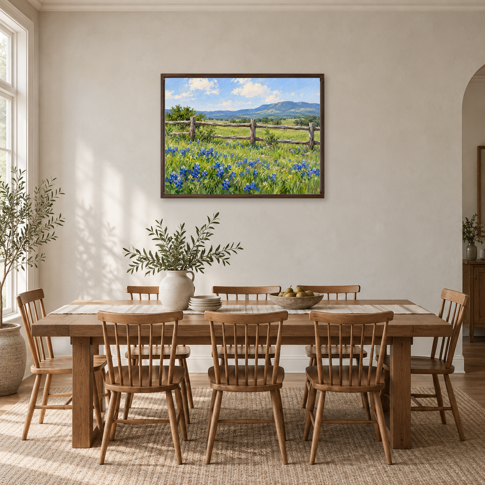 Wildflowers Beyond the Ranch Fence oil painting displayed in a bright dining room