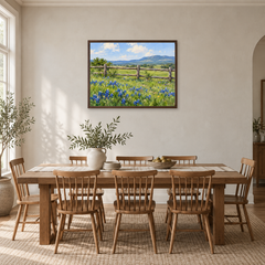 Wildflowers Beyond the Ranch Fence oil painting displayed in a bright dining room